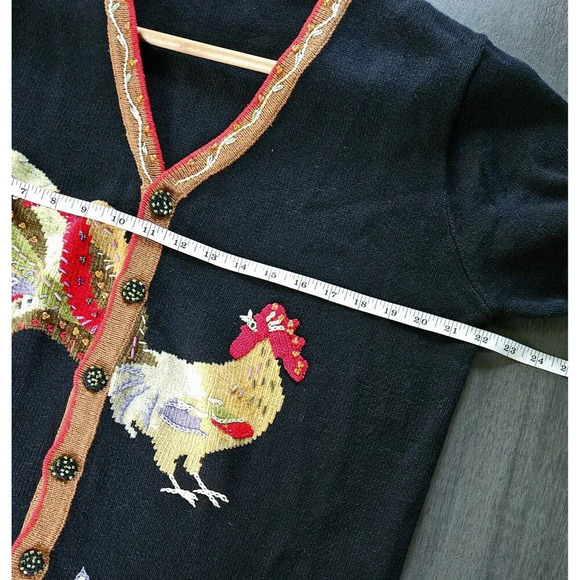 Vtg Black Embroidered Beaded Rooster Chicken Cardigan Large Grannycore Colorful - Picture 4 of 8